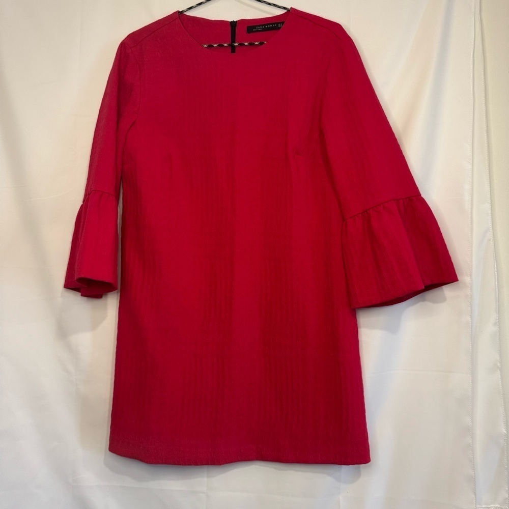 Zara Womens Med Dress Pink Woven Lined 3/4 Bell Sleeve Lined Zipper Back 13535